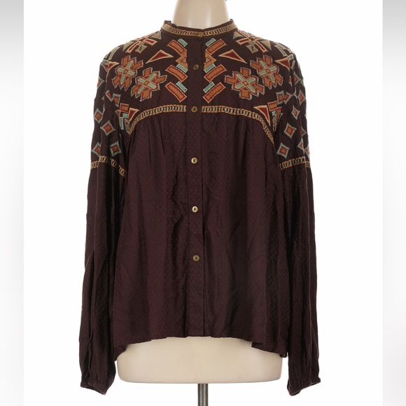 Double D Ranch Tops - Double D Ranch Dark Brown Embroidered Thunderbird Blouse Yellowstone Ranch Rodeo